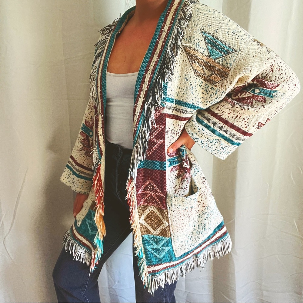 VTG Handmade Southwestern Aztec Native American Blanket Fringe Cardigan / Coat - Picture 4 of 16
